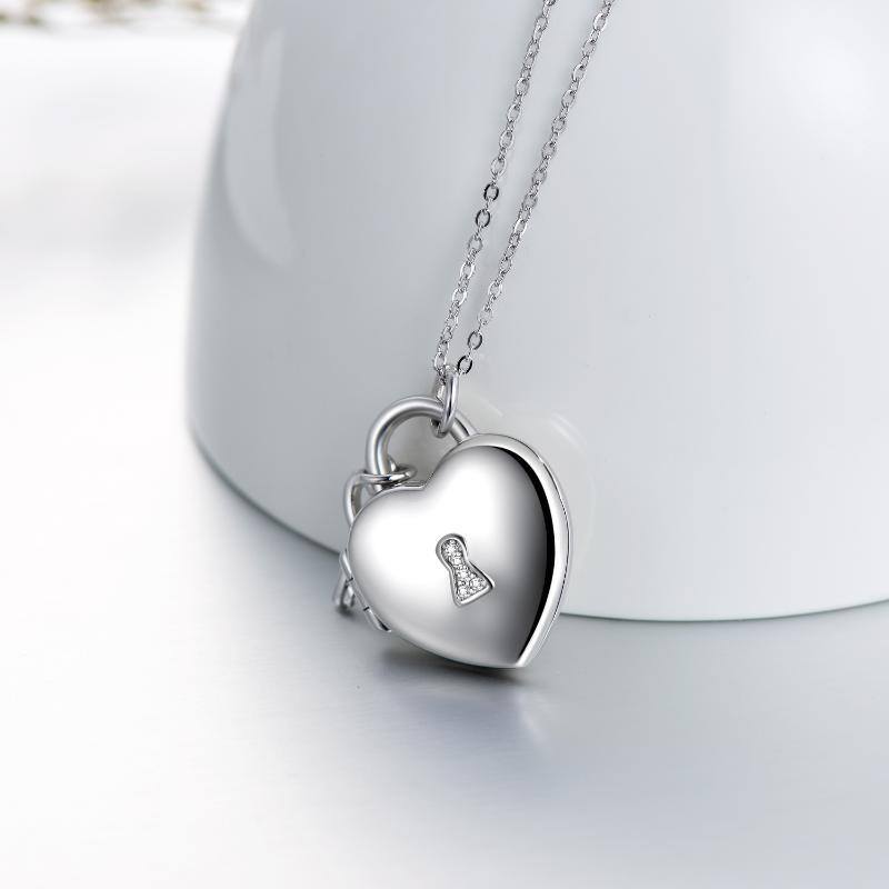 Sterling Silver Circular Shaped Cubic Zirconia Lock Personalized Photo Locket Necklace-3