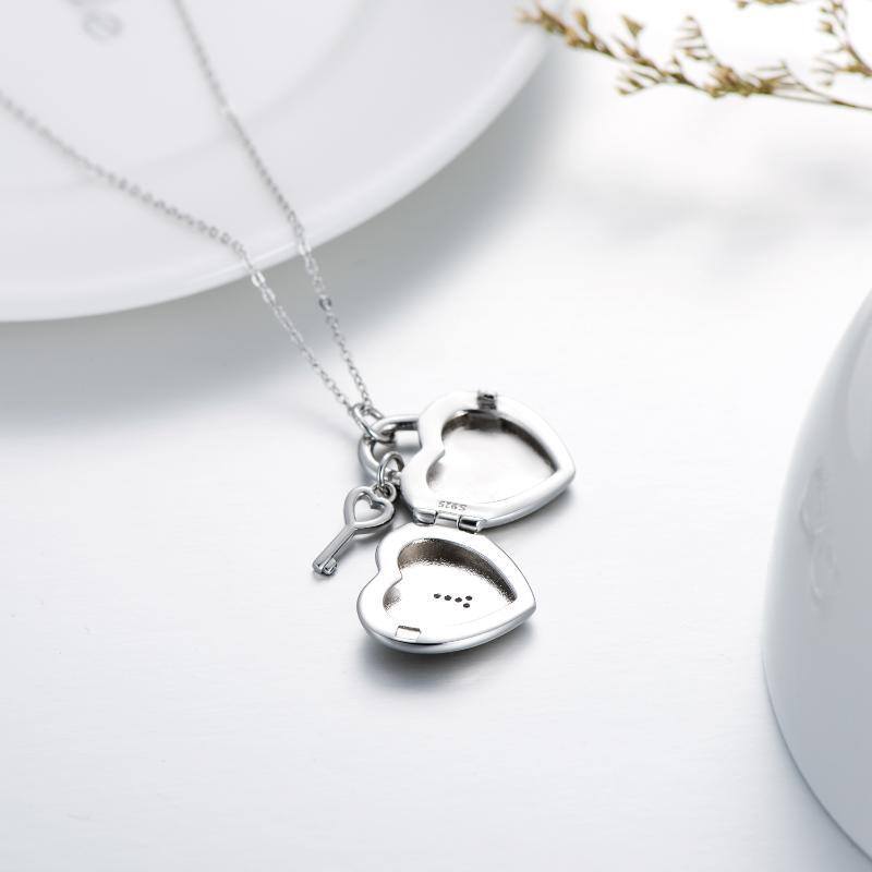 Sterling Silver Circular Shaped Cubic Zirconia Lock Personalized Photo Locket Necklace-4