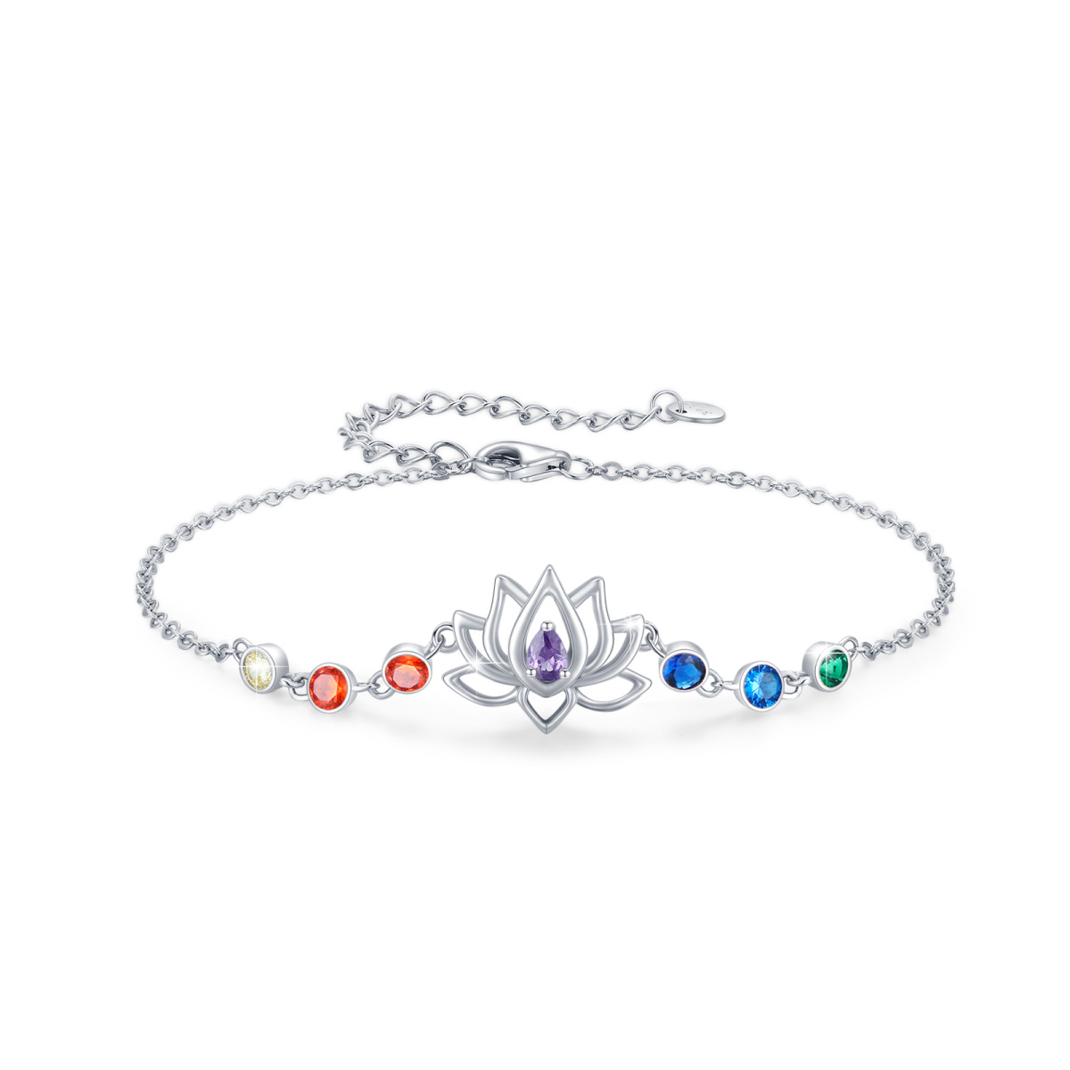 Sterling Silver Circular Shaped Cubic Zirconia Lotus & Chakras Charm Bracelet-1