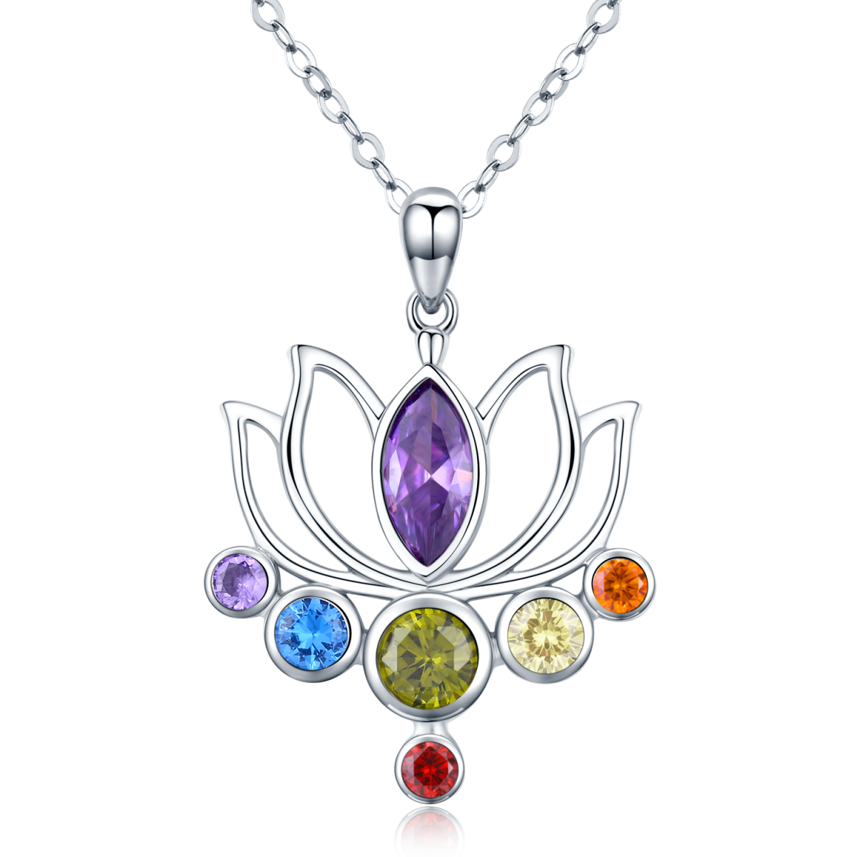 Sterling Silver Circular Shaped Cubic Zirconia Lotus & Chakras Pendant Necklace-1