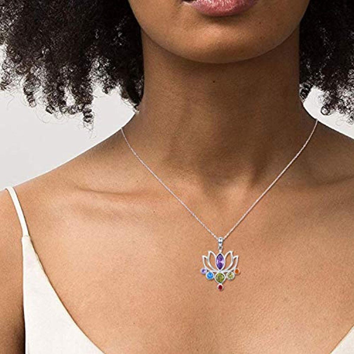 Sterling zilveren cirkelvormige cubic zirconia lotus en chakra's hanger ketting-2