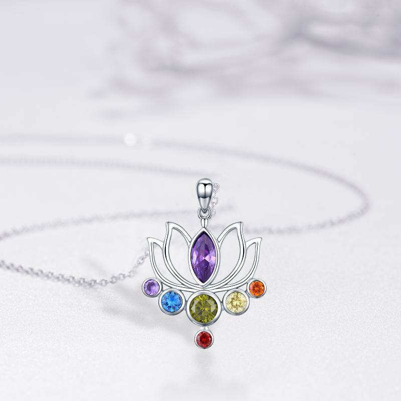 Sterling Silver Circular Shaped Cubic Zirconia Lotus & Chakras Pendant Necklace-3