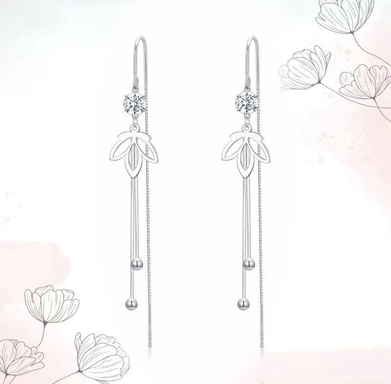 Sterling Silver Circular Shaped Cubic Zirconia Lotus Drop Earrings-3
