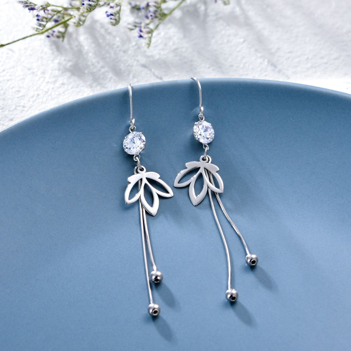 Sterling Silver Circular Shaped Cubic Zirconia Lotus Drop Earrings-4