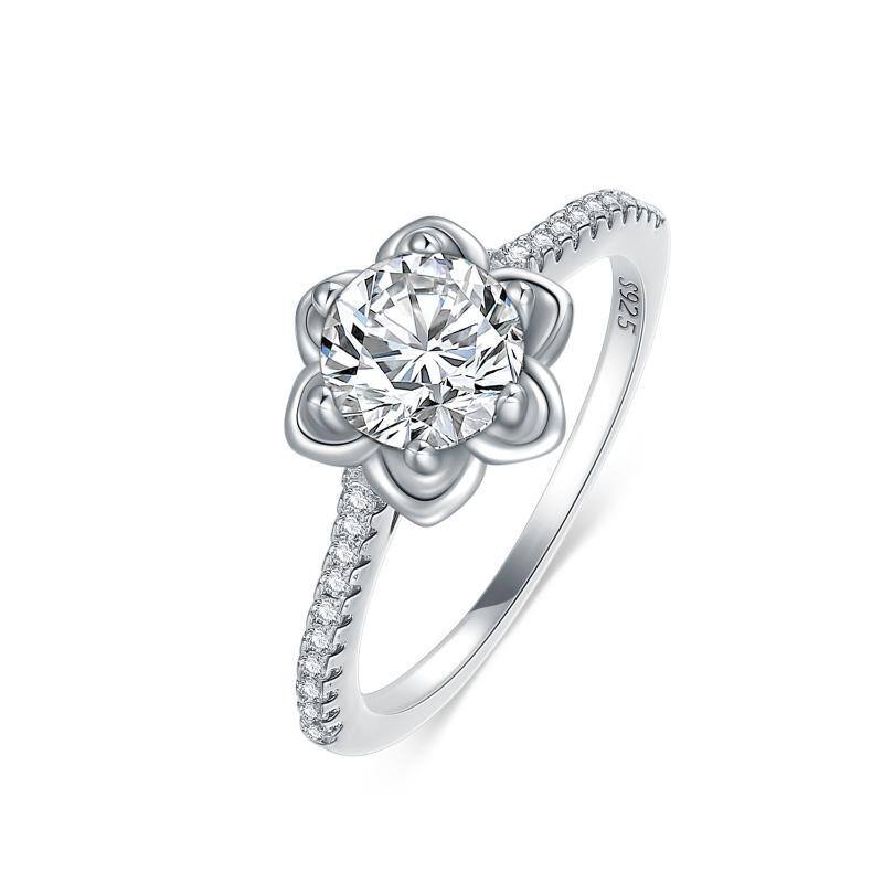 Sterling Silver Circular Shaped Cubic Zirconia Lotus Engagement Ring-1