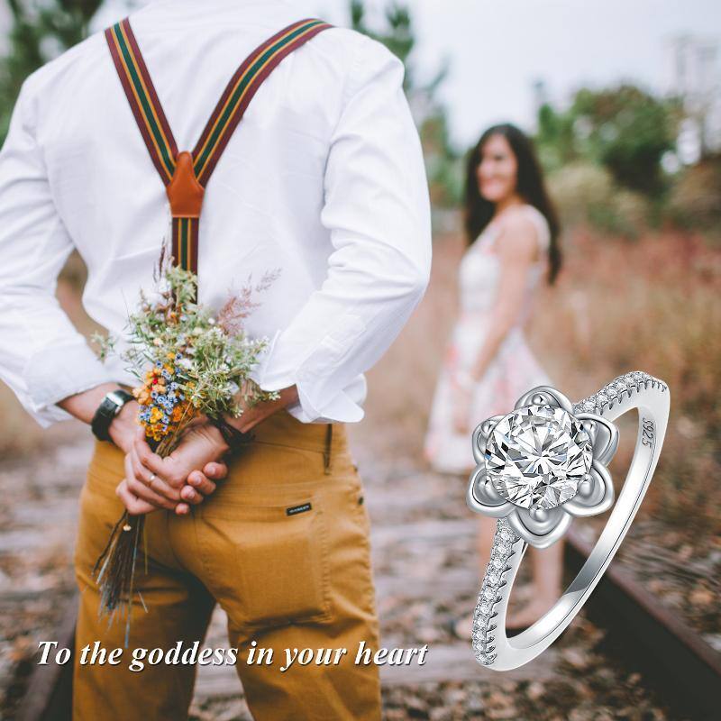 Sterling Silver Round Shaped Cubic Zirconia Lotus Engagement Ring-6