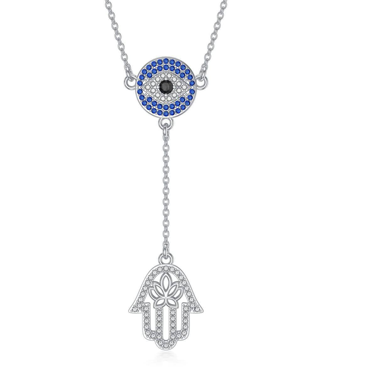 Sterling Silver Circular Cubic Zirconia Lotus With Evil Eye With Hamsa Hand Non-Adjustable Y-Necklace For Women-1