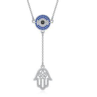 Sterling Silver Circular Cubic Zirconia Lotus With Evil Eye With Hamsa Hand Non-Adjustable Y-Necklace For Women-4