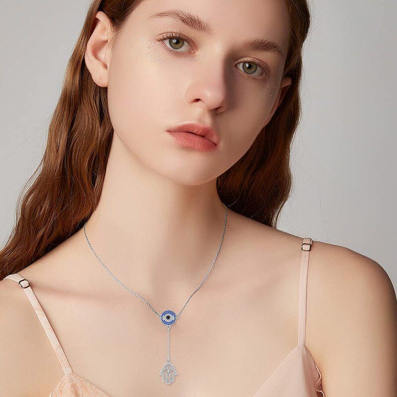 Lótus de zircônia cúbica circular de prata esterlina com mau olhado com mão Hamsa colar em Y não ajustável para mulheres-2