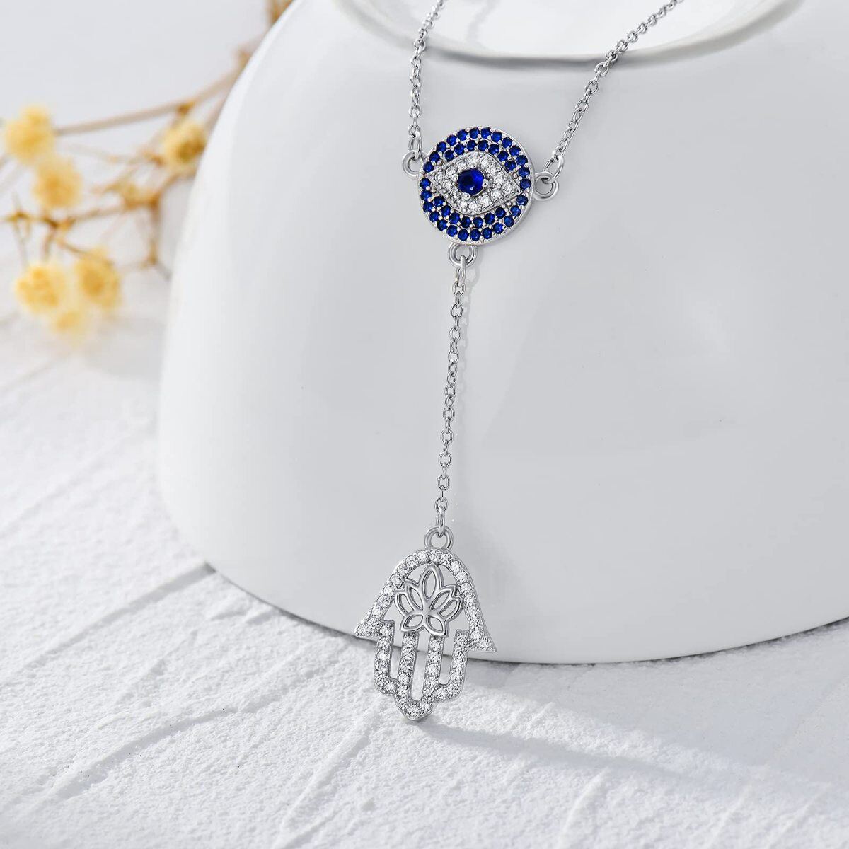 Sterling Silver Circular Cubic Zirconia Lotus With Evil Eye With Hamsa Hand Non-Adjustable Y-Necklace For Women-3