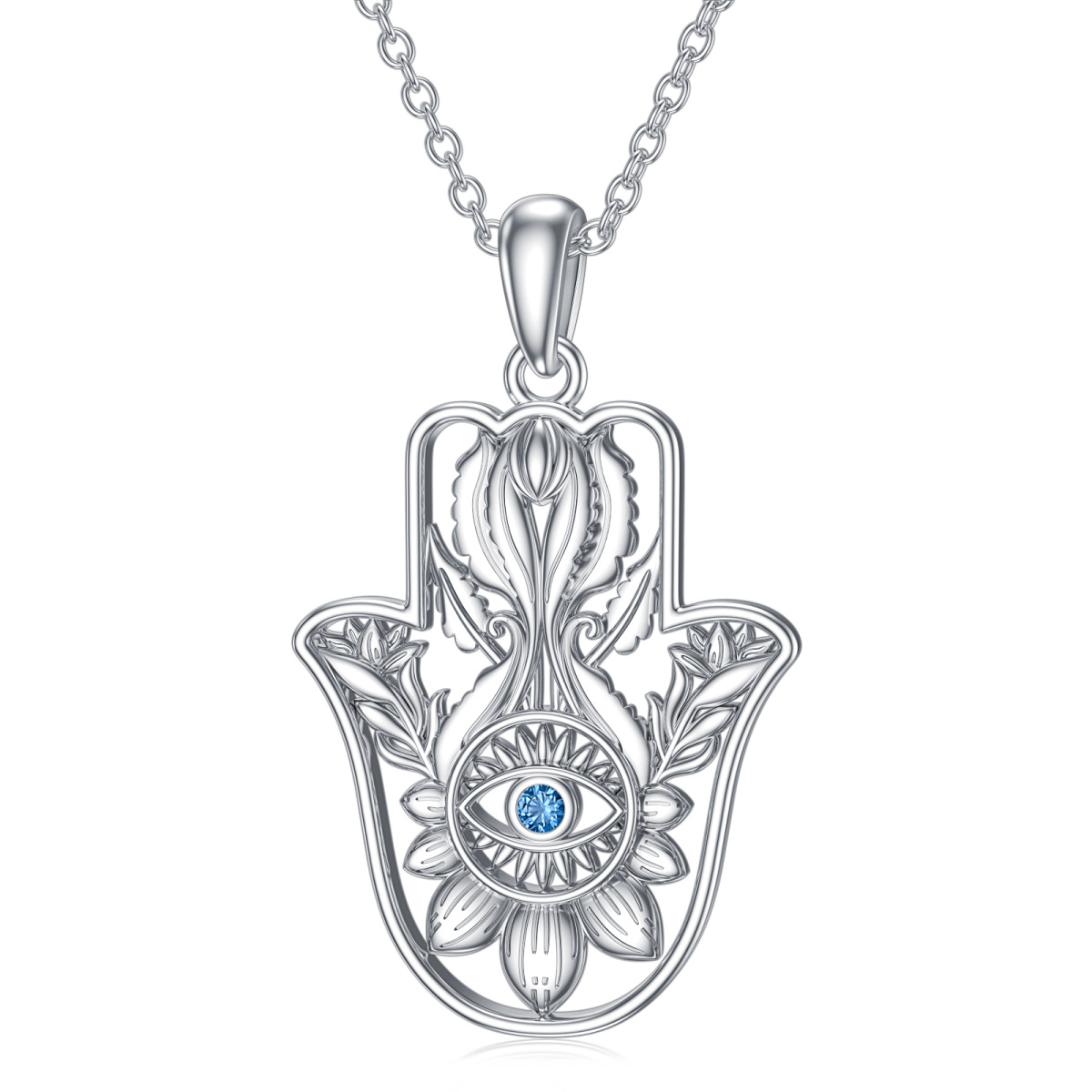 Sterling Silver Cubic Zirconia Lotus Evil Eye Pendant Necklace For Women-1