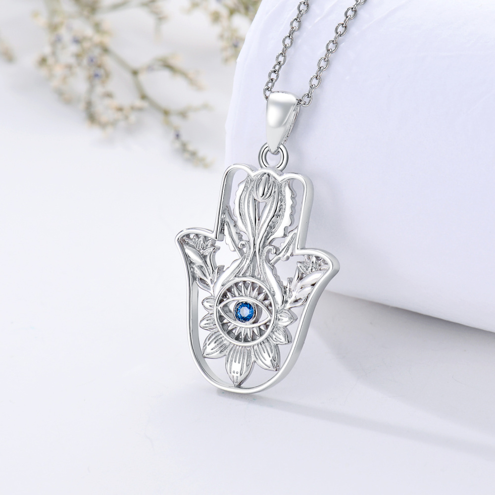 Sterling Silver Cubic Zirconia Lotus Evil Eye Pendant Necklace For Women-3