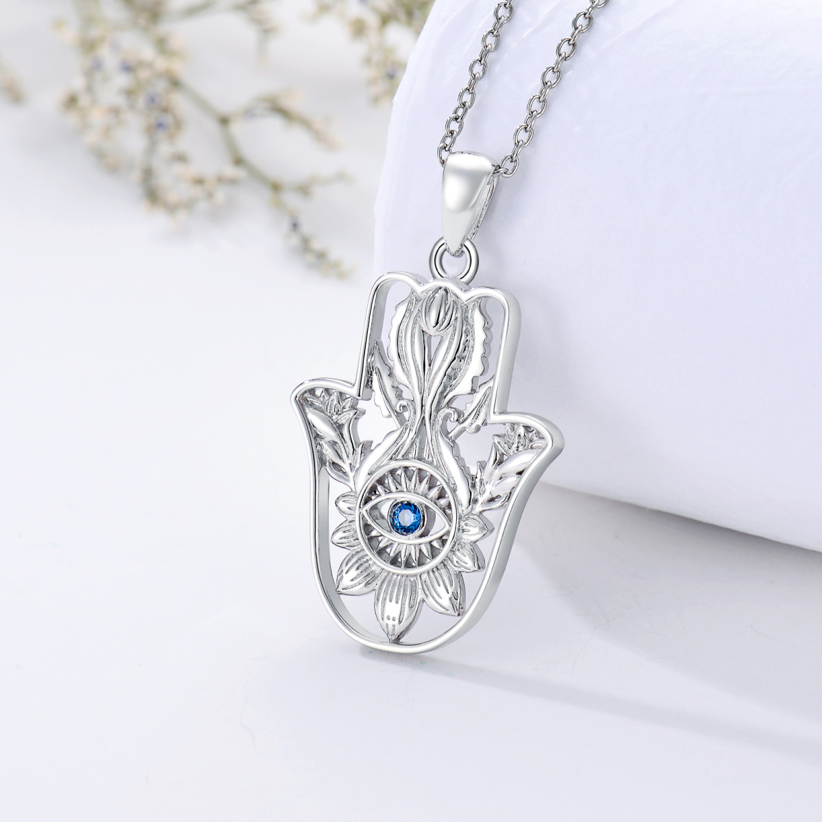 Sterling Silver Cubic Zirconia Lotus Evil Eye Pendant Necklace For Women-3