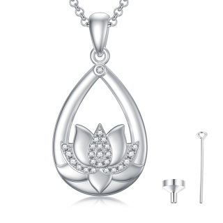 Sterling Silver Circular Shaped Cubic Zirconia Lotus Urn Necklace for Ashes-2