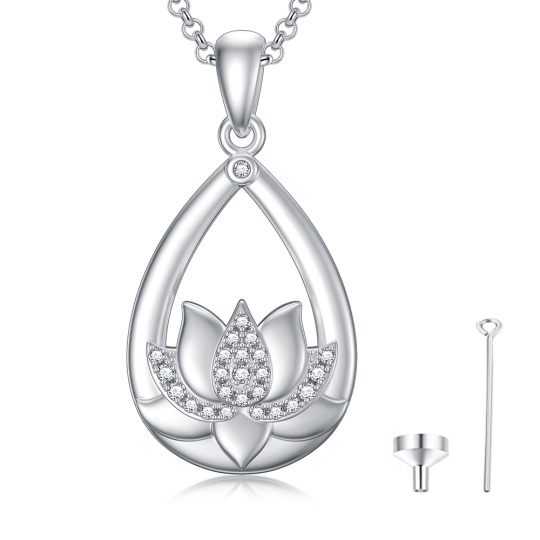 Sterling Silver Circular Shaped Cubic Zirconia Lotus Urn Necklace for Ashes