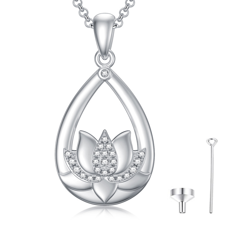 Sterling Silver Circular Shaped Cubic Zirconia Lotus Urn Necklace for Ashes-4