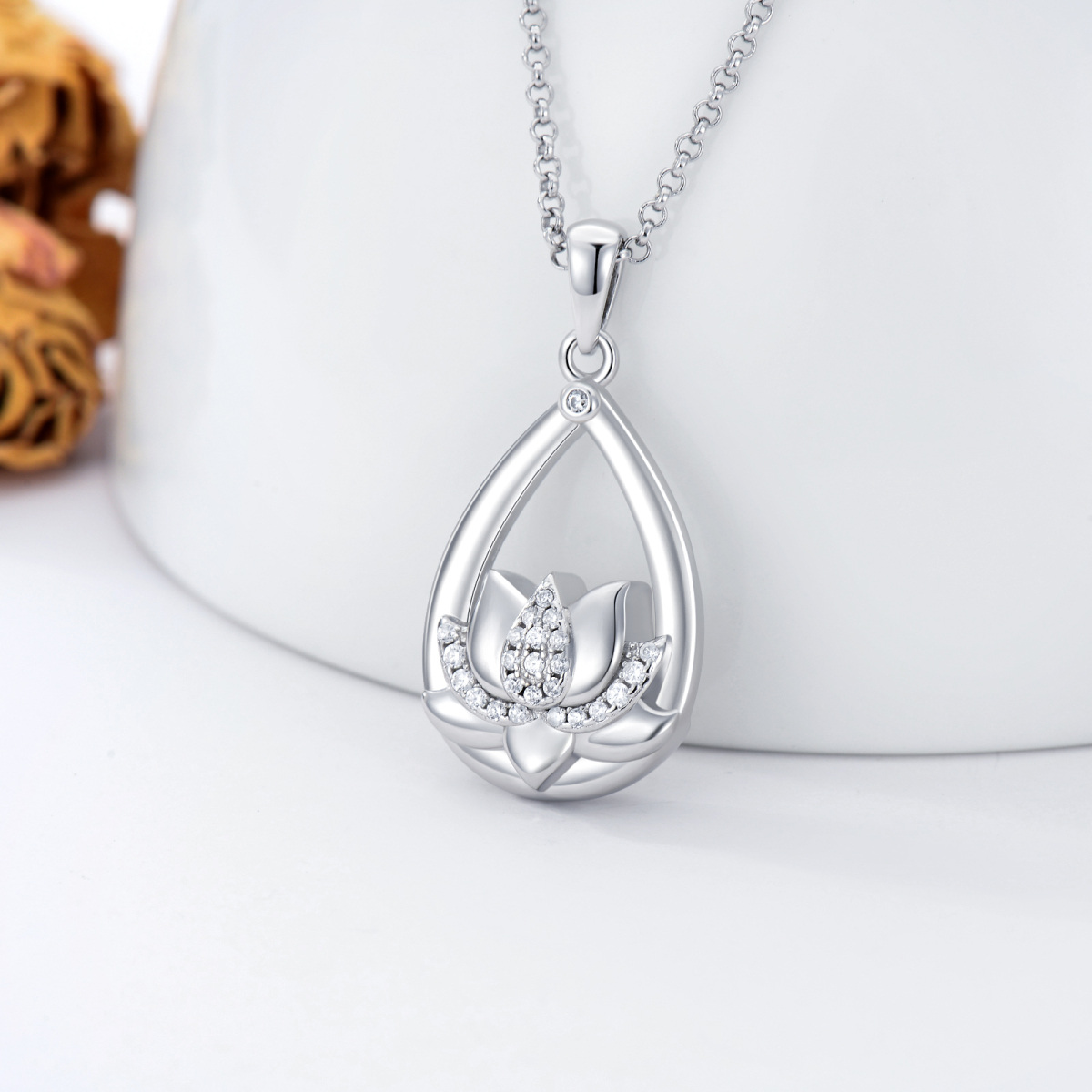 Sterling Silber kreisförmig Cubic Zirkonia Lotus Urne Halskette für Asche-3