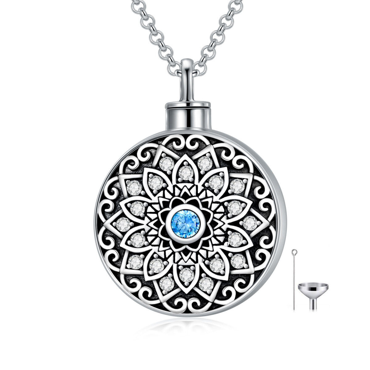 Sterling Silver Circular Shaped Cubic Zirconia Lotus Urn Necklace for Ashes-1