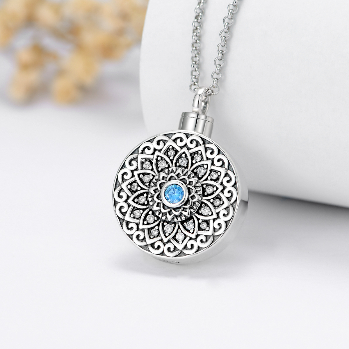 Sterling Silver Circular Shaped Cubic Zirconia Lotus Urn Necklace for Ashes-2