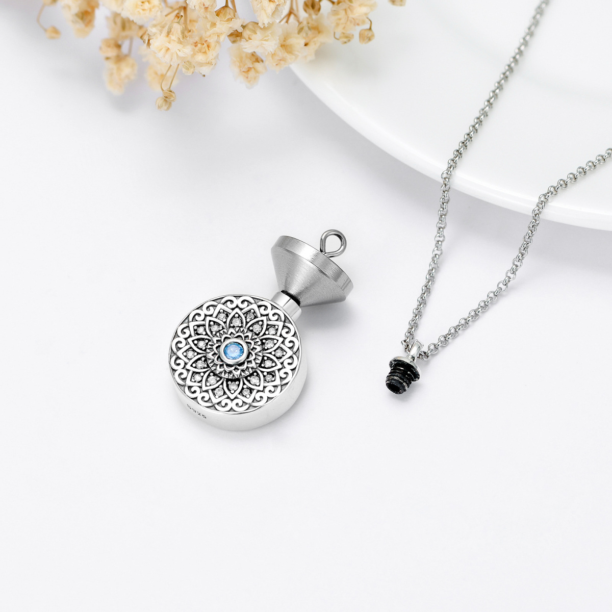 Sterling Silber kreisförmig Cubic Zirkonia Lotus Urne Halskette-3