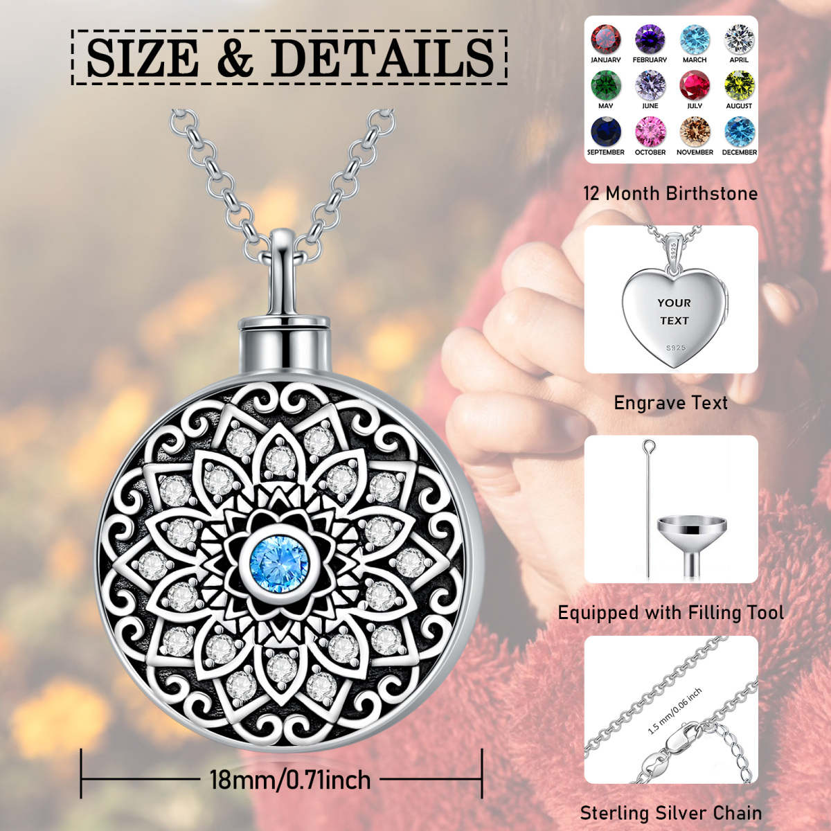 Sterling Silver Circular Shaped Cubic Zirconia Lotus Urn Necklace for Ashes-5