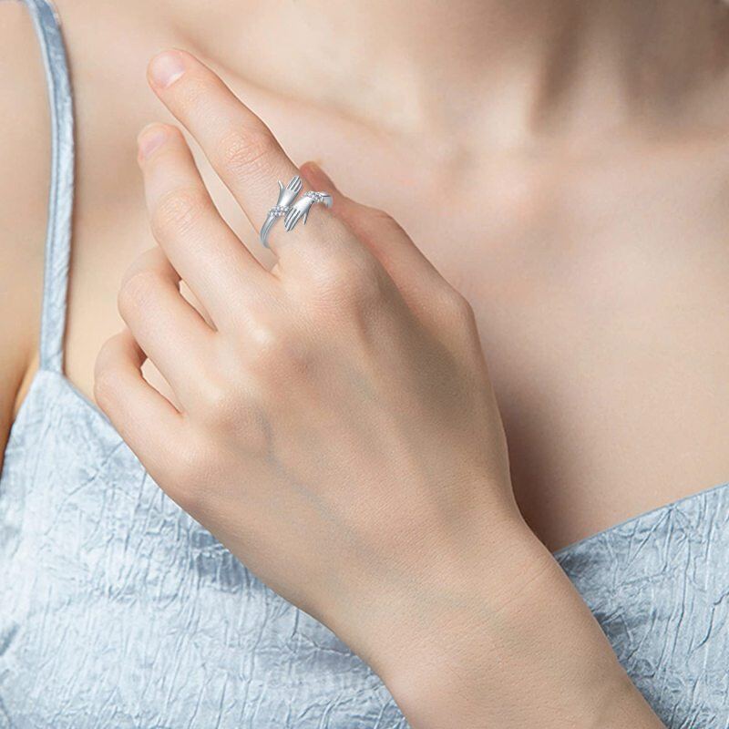 Sterling Silver Round Shaped Cubic Zirconia Lover Couples Embrace Open Ring-2