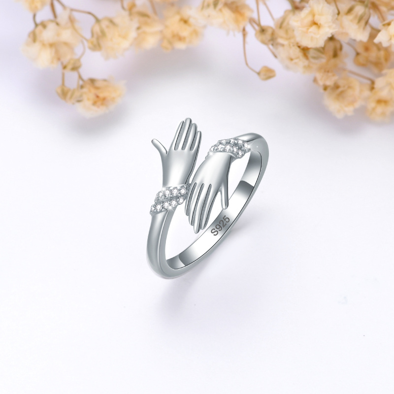 Sterling Silver Round Shaped Cubic Zirconia Lover Couples Embrace Open Ring-3