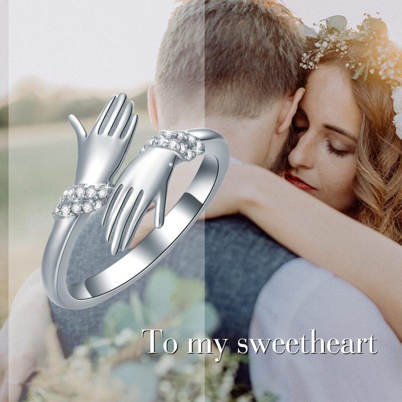 Sterling Silver Round Shaped Cubic Zirconia Lover Couples Embrace Open Ring-4