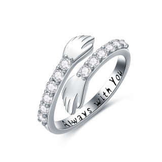 Sterling Silver Circular Shaped Cubic Zirconia Lover Couples Embrace Open Ring with Engraved Word-2