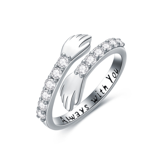 Sterling Silver Circular Shaped Cubic Zirconia Lover Couples Embrace Open Ring with Engraved Word