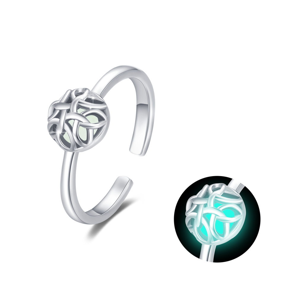 Sterling Silver Round Shaped Luminous Stone Celtic Knot Open Ring-1
