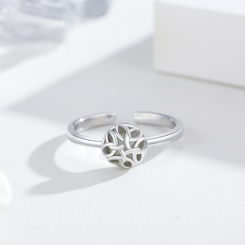 Sterling Silver Round Shaped Luminous Stone Celtic Knot Open Ring-4