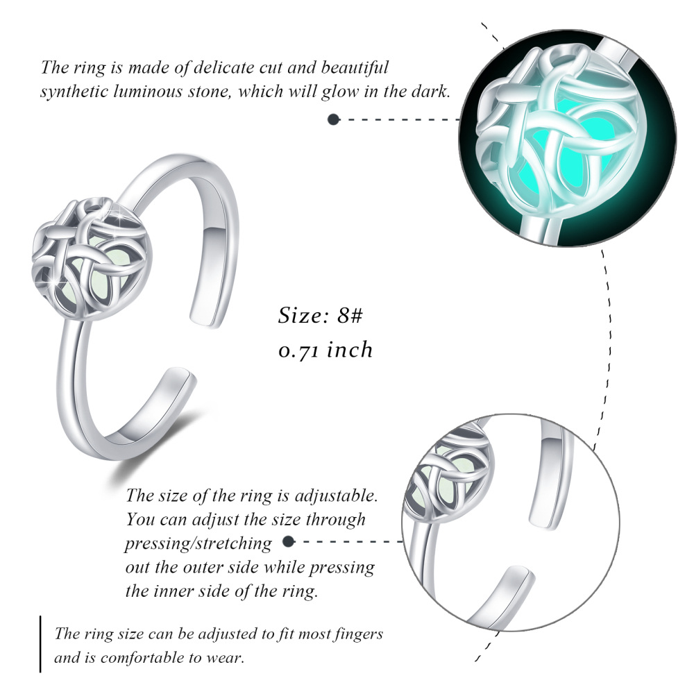 Sterling Silver Round Shaped Luminous Stone Celtic Knot Open Ring-5