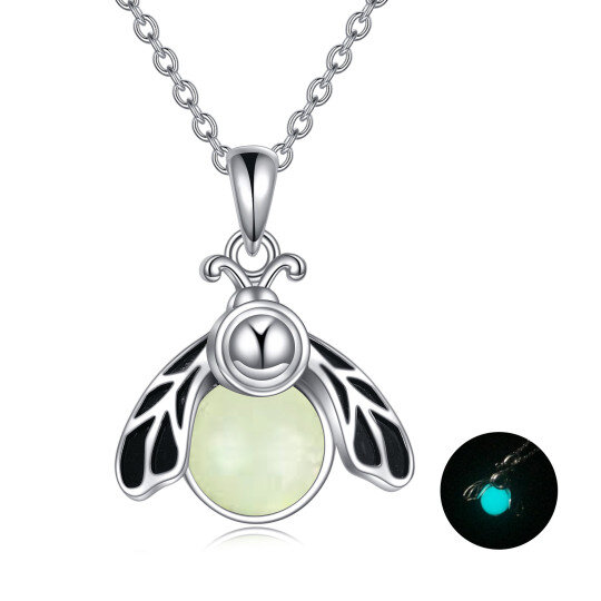 Sterling Silver Circular Shaped Luminous Stone Firefly Pendant Necklace