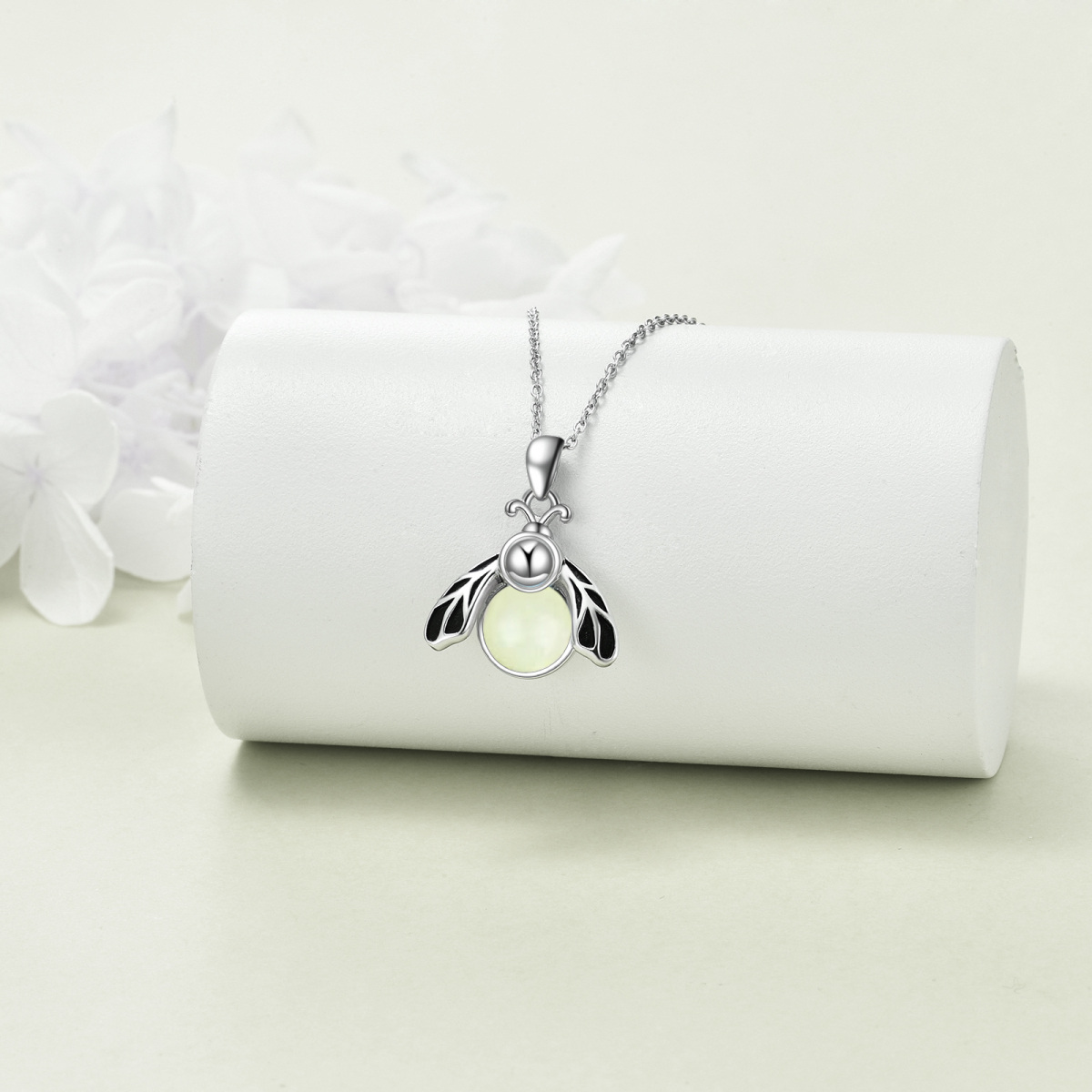 Sterling Silver Circular Shaped Luminous Stone Firefly Pendant Necklace-3