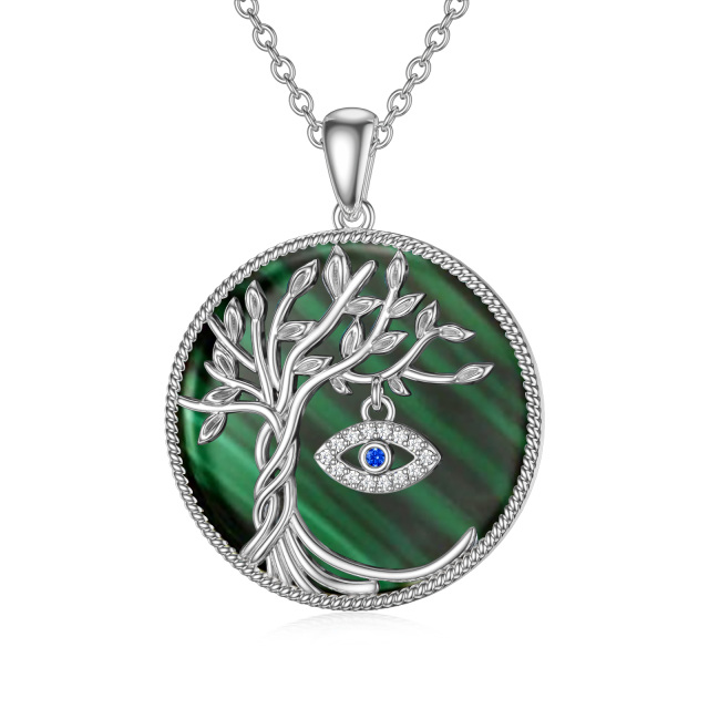 Sterling Silver Circular Shaped Malachite Tree Of Life & Evil Eye Pendant Necklace-1