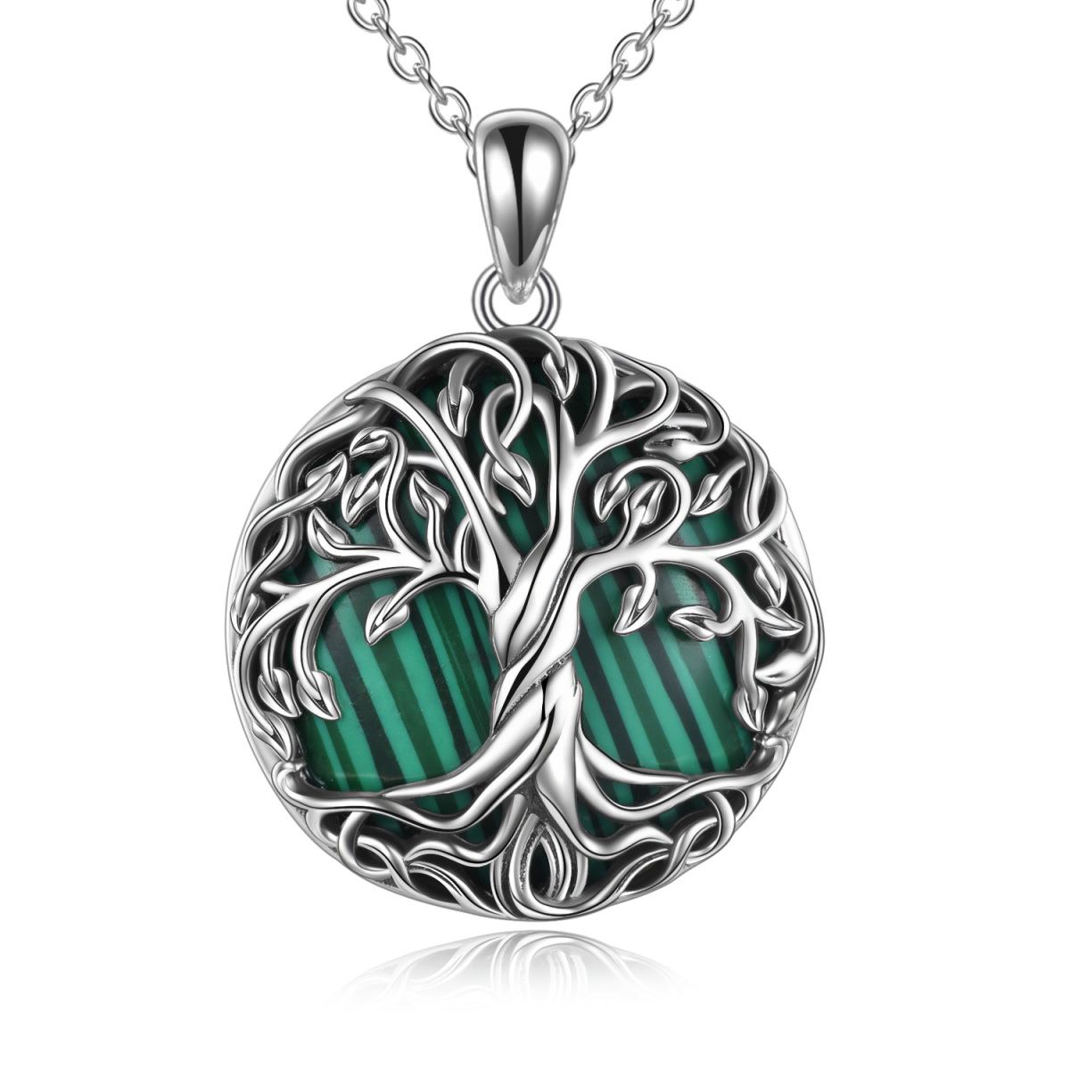 Sterling Silver Circular Shaped Malachite Tree Of Life Pendant Necklace-1