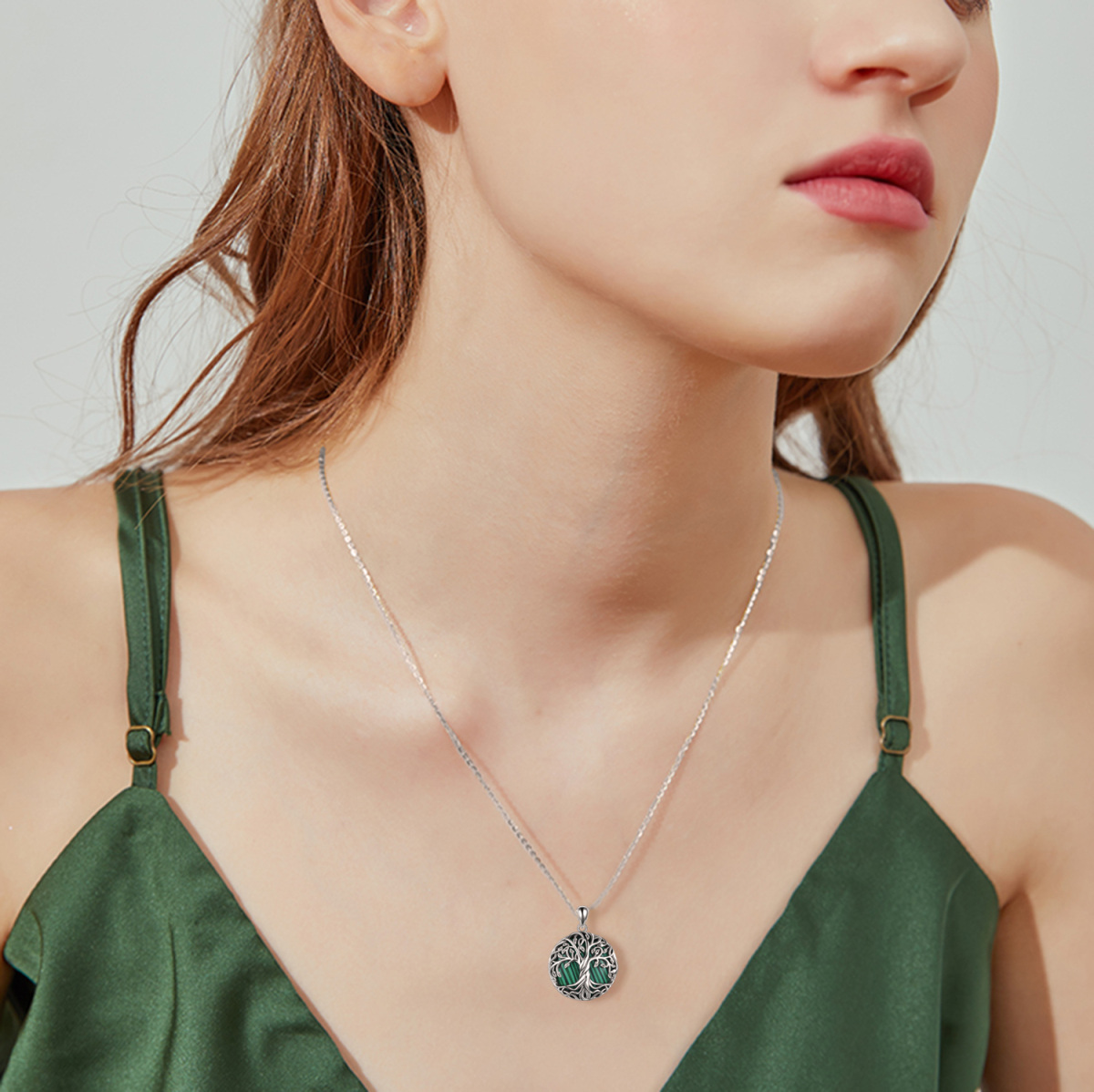 Collier en argent sterling avec pendentif arbre de vie en malachite de forme circulaire-2