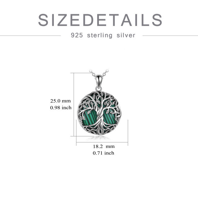 Sterling Silver Circular Shaped Malachite Tree Of Life Pendant Necklace-5