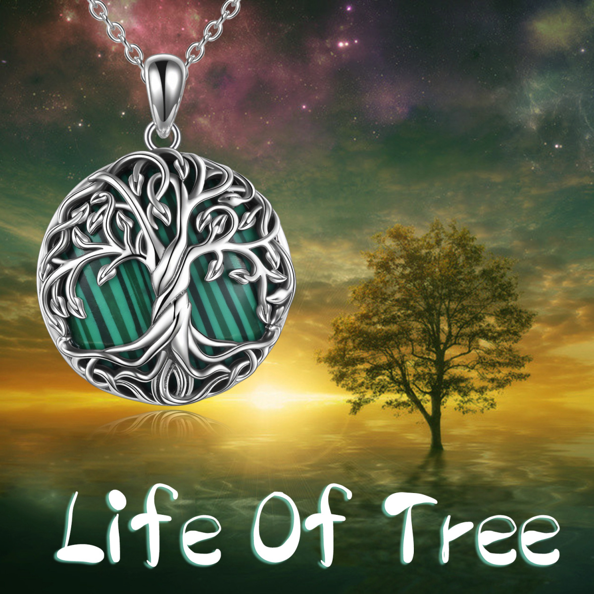 Sterling Silver Circular Shaped Malachite Tree Of Life Pendant Necklace-6