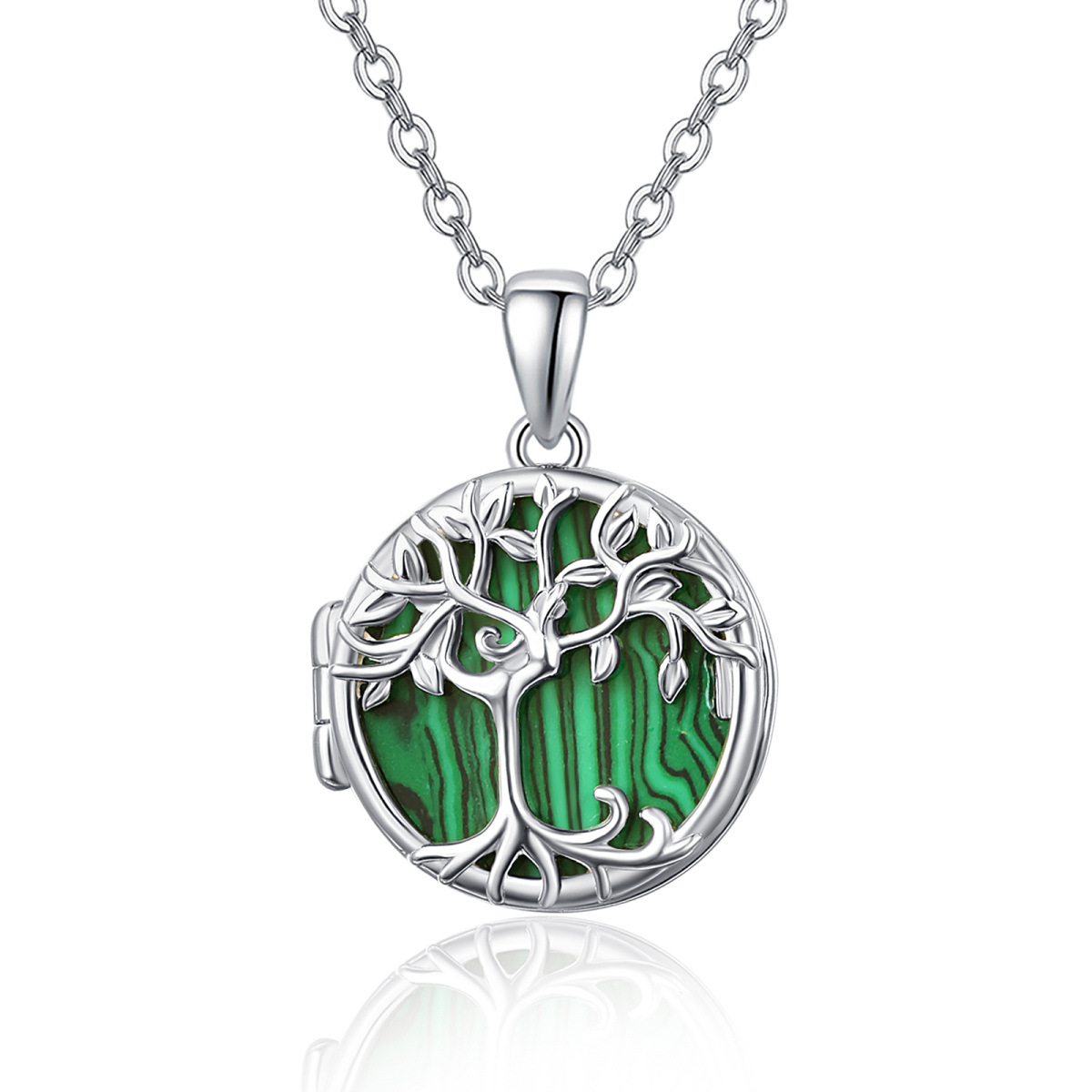 Sterling Silver Circular Shaped Malachite Tree Of Life Personalized Photo Locket Necklace-1