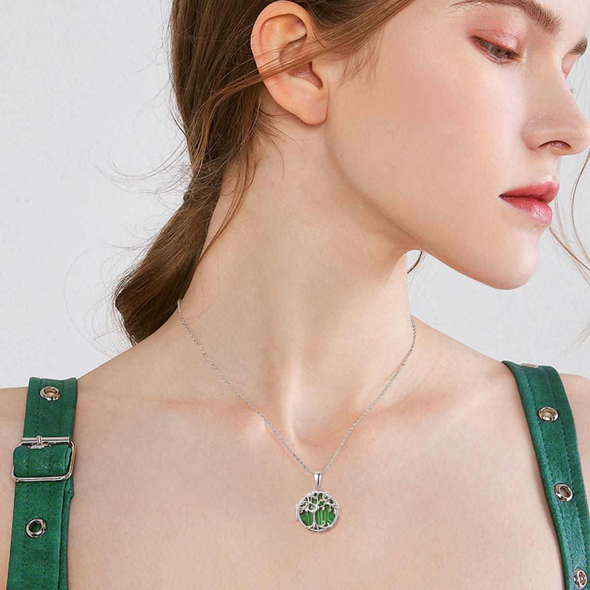 Collier avec médaillon photo personnalisé en forme d'arbre de vie en malachite en argent sterling-2