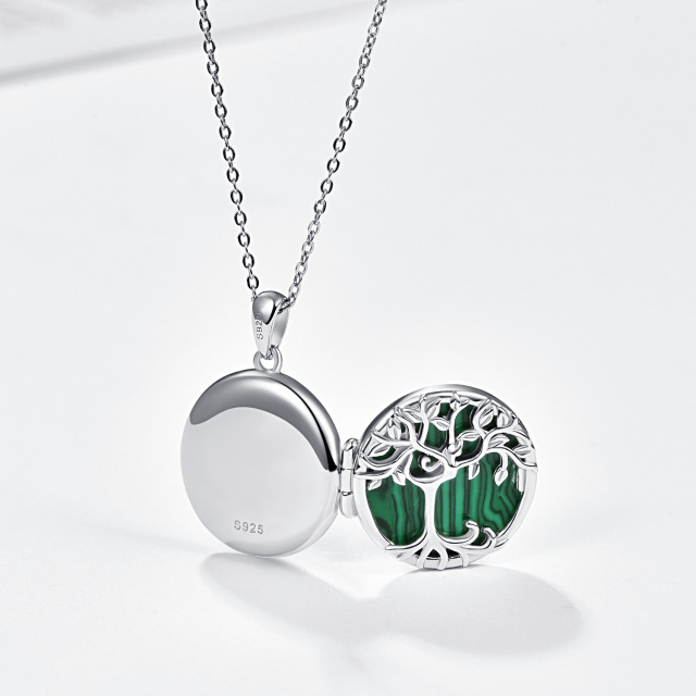 Sterling Silver Circular Shaped Malachite Tree Of Life Personalized Photo Locket Necklace-3