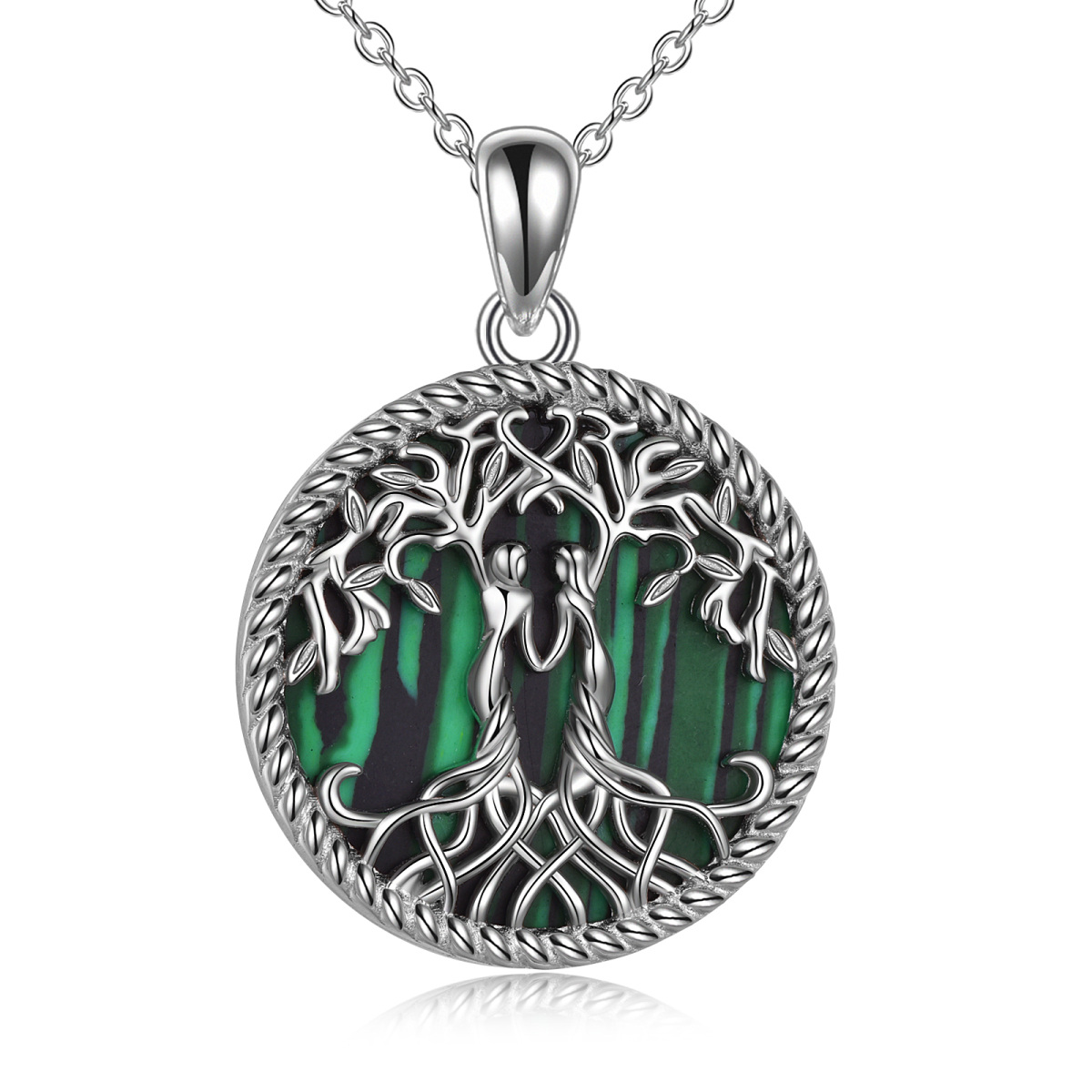 Sterling Silver Circular Shaped Malachite Tree Of Life & Sisters Pendant Necklace-1