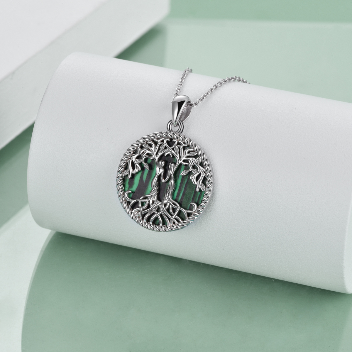 Sterling Silver Circular Shaped Malachite Tree Of Life & Sisters Pendant Necklace-3