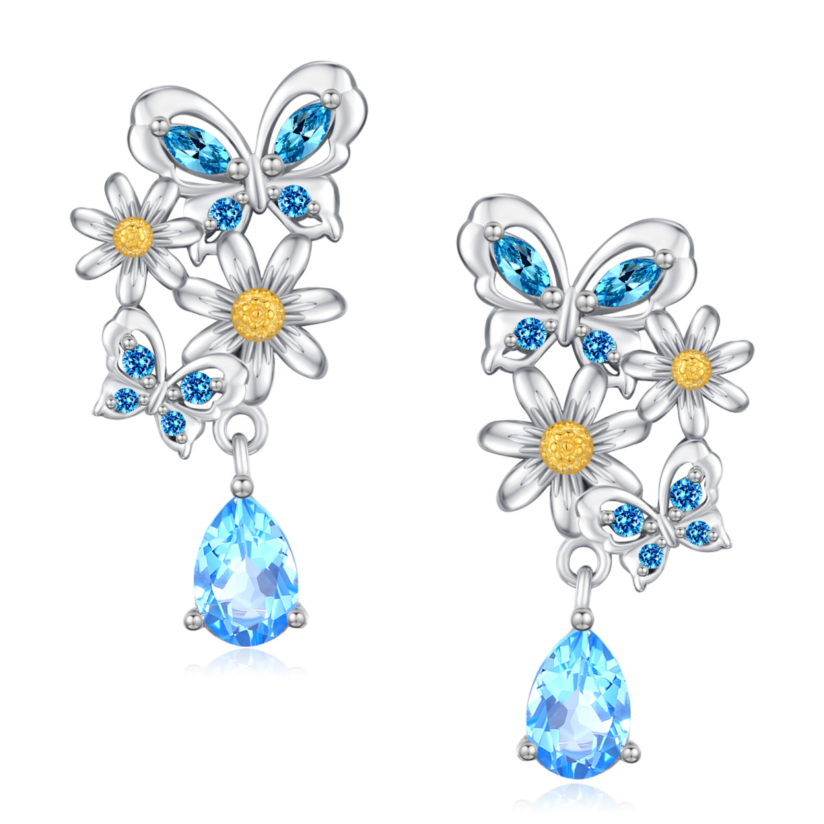 Sterling Silver Circular Marquise Cubic Zirconia Butterfly Drop Earrings For Women-1