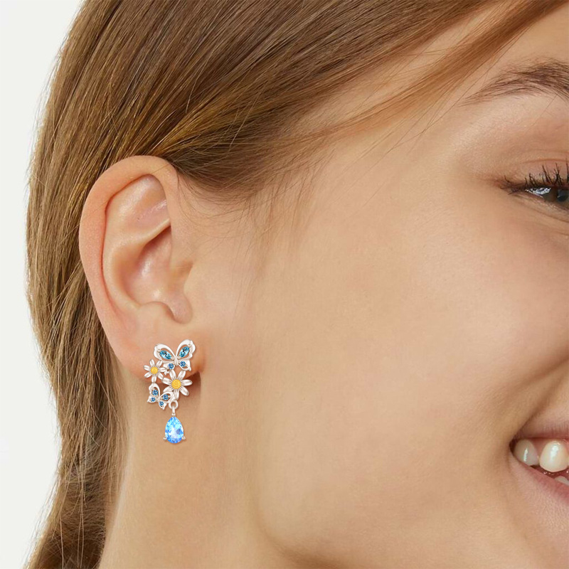 Boucles d'oreilles pendantes papillon en argent sterling avec marquise circulaire et oxyde de zirconium pour femme-2