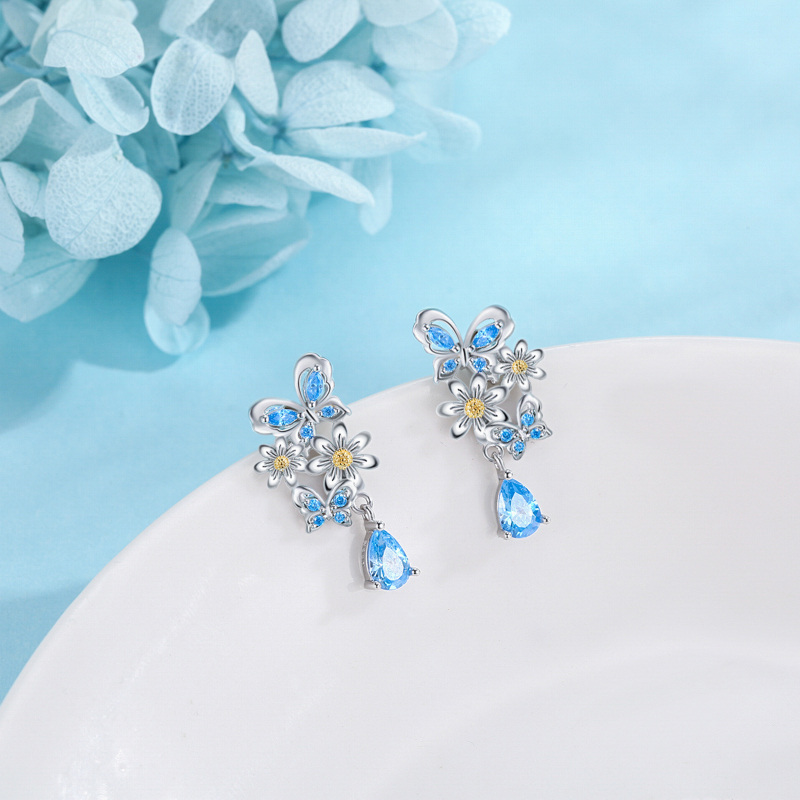 Boucles d'oreilles pendantes papillon en argent sterling avec marquise circulaire et oxyde de zirconium pour femme-3