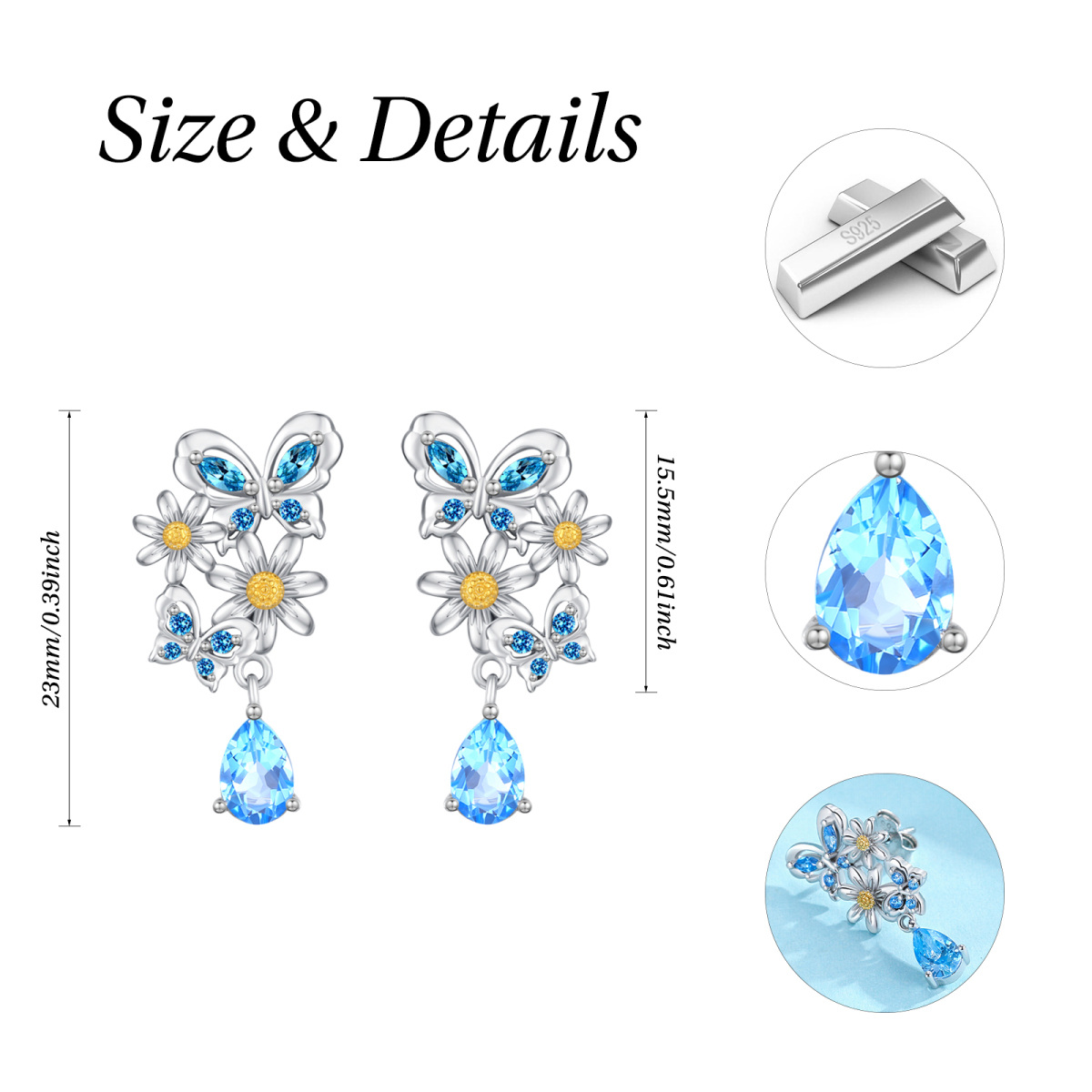 Sterling Silver Circular Marquise Cubic Zirconia Butterfly Drop Earrings For Women-5