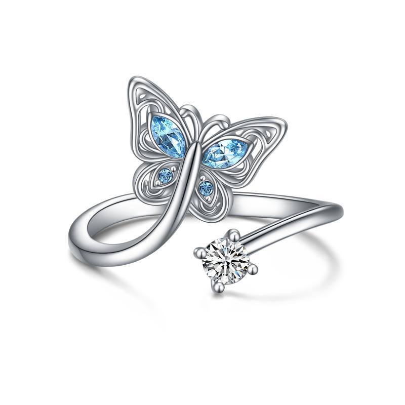 Sterling Silver Crystal Butterfly Open Ring For Women-9